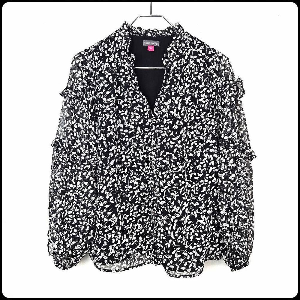 VINCE CAMUTO Front Button Black White Leaf Sheer Sleeved Career Blouse Top Small - Picture 1 of 6